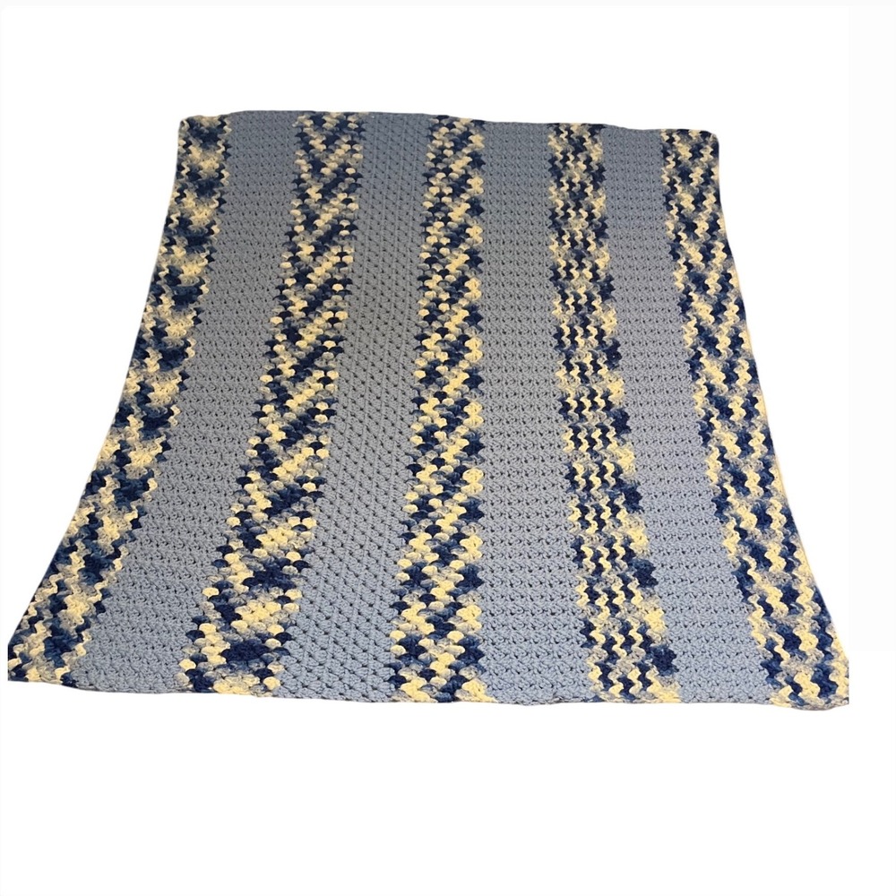 Handmade Crochet Throw Blanket Unisex‎ 48x39 Blue Striped Excellent Afghan